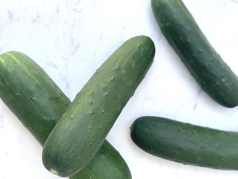 Four fresh cucumbers on a white surface