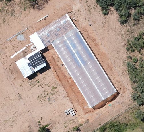 Drone view of a greenhouse frame going up on red bushveld earth.