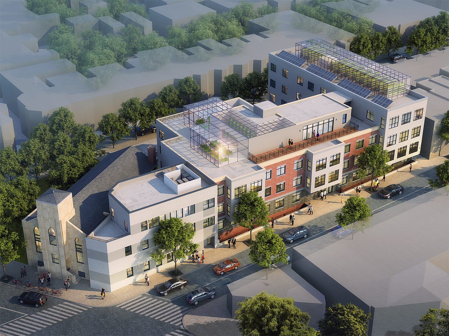 Aerial rendering of the Jubilee Housing redevelopment: the former King Emmanuel Baptist Church and Ontario Place, with greenhouse structures and solar panels on the rooftops.