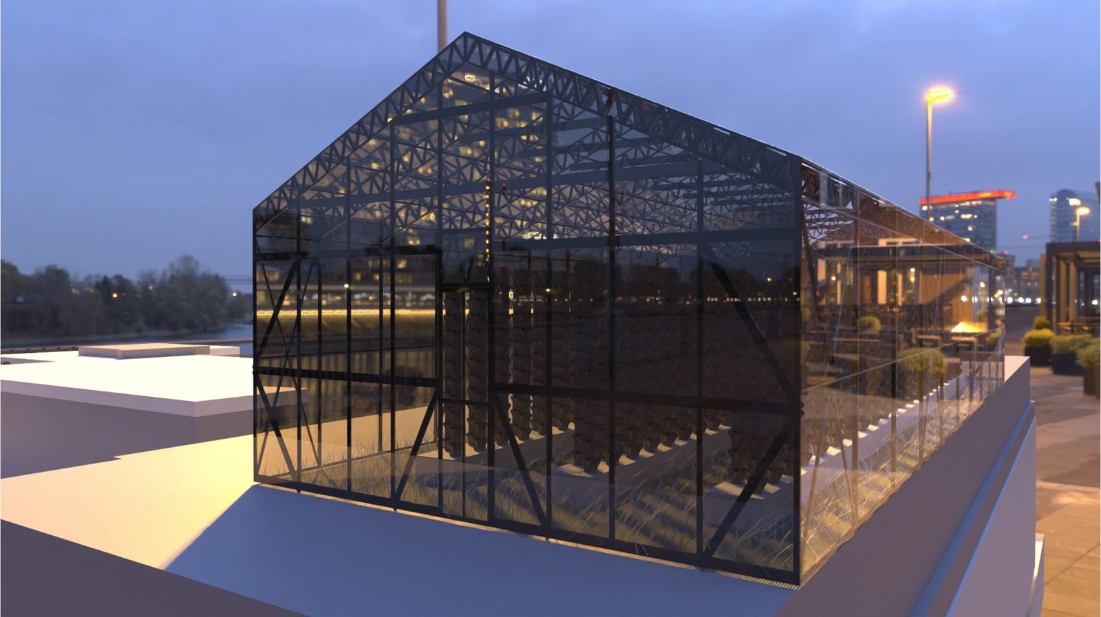 Rendering of the planned rooftop greenhouse at dusk: a glass gable structure with rows of grow towers inside, city lights beyond.