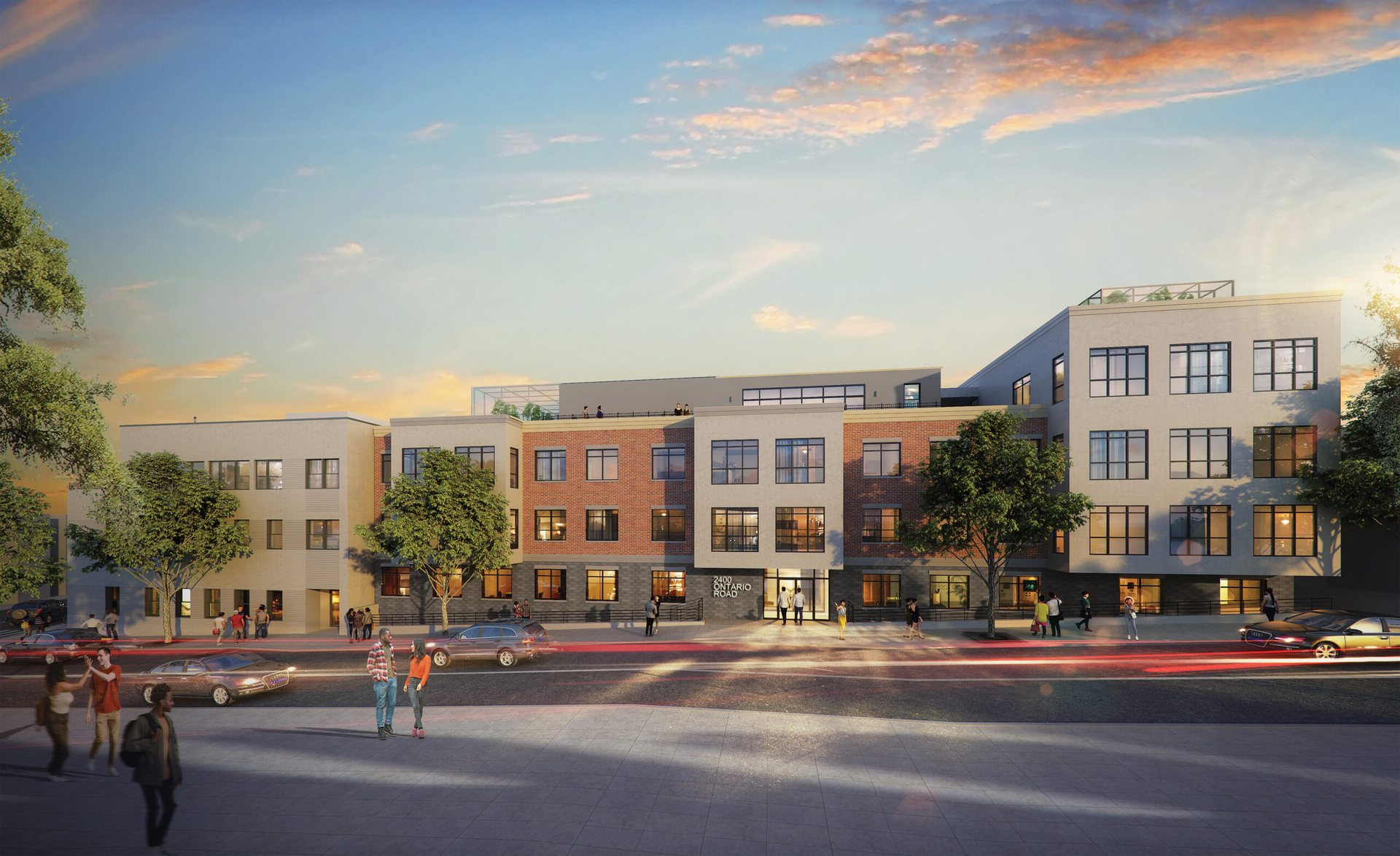 Rendering of Ontario Place at 2400 Ontario Road NW at dusk, rooftop greenhouse frames visible along the roofline.