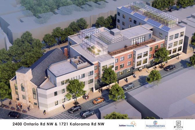 Aerial rendering of the development: greenhouse frames on both rooftops of Ontario Place and the King Emmanuel building.