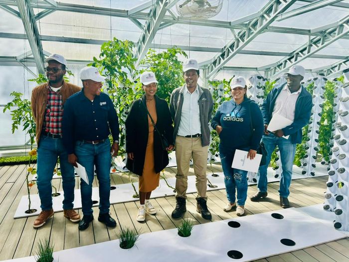 Six people in white caps hold certificates between tomato vines and grow towers in the Randburg greenhouse.