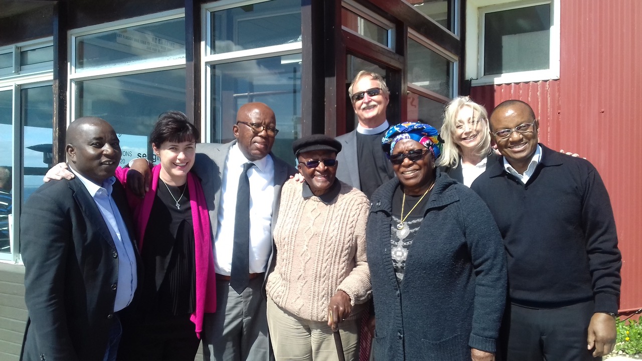 Archbishop Desmond Tutu with FreshMinistries leaders and partners, gathered outside, at the 2019 launch of the initiative named in his honour